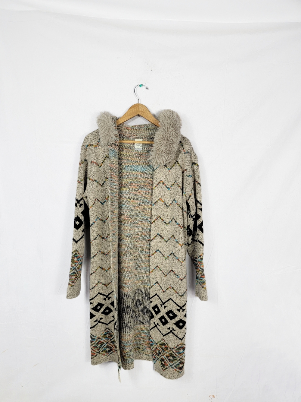 Wear To Love Large Boho Aztec Tribal Longline Hooded Cardigan Faux Fur Collar